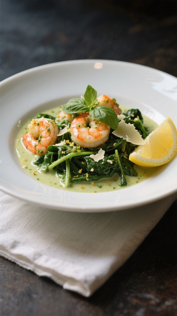 Final plated dish, restaurant-style: Keto Shrimp with Creamy Pesto elegantly plated in a wide, shall