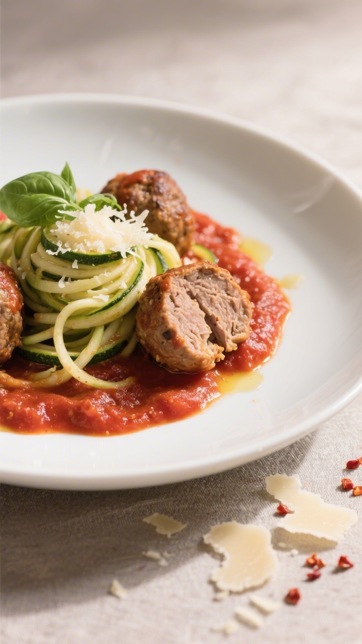 Final plated dish, : Tender turkey meatballs nestled in a thick, vibrant red marinara atop a twirl o