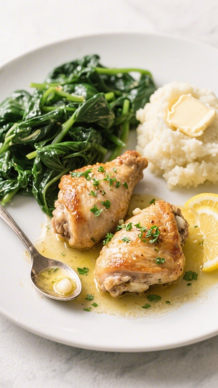Final plated dish, top view: Beautifully plated Keto Garlic Butter Chicken Thighs—two thighs skin-