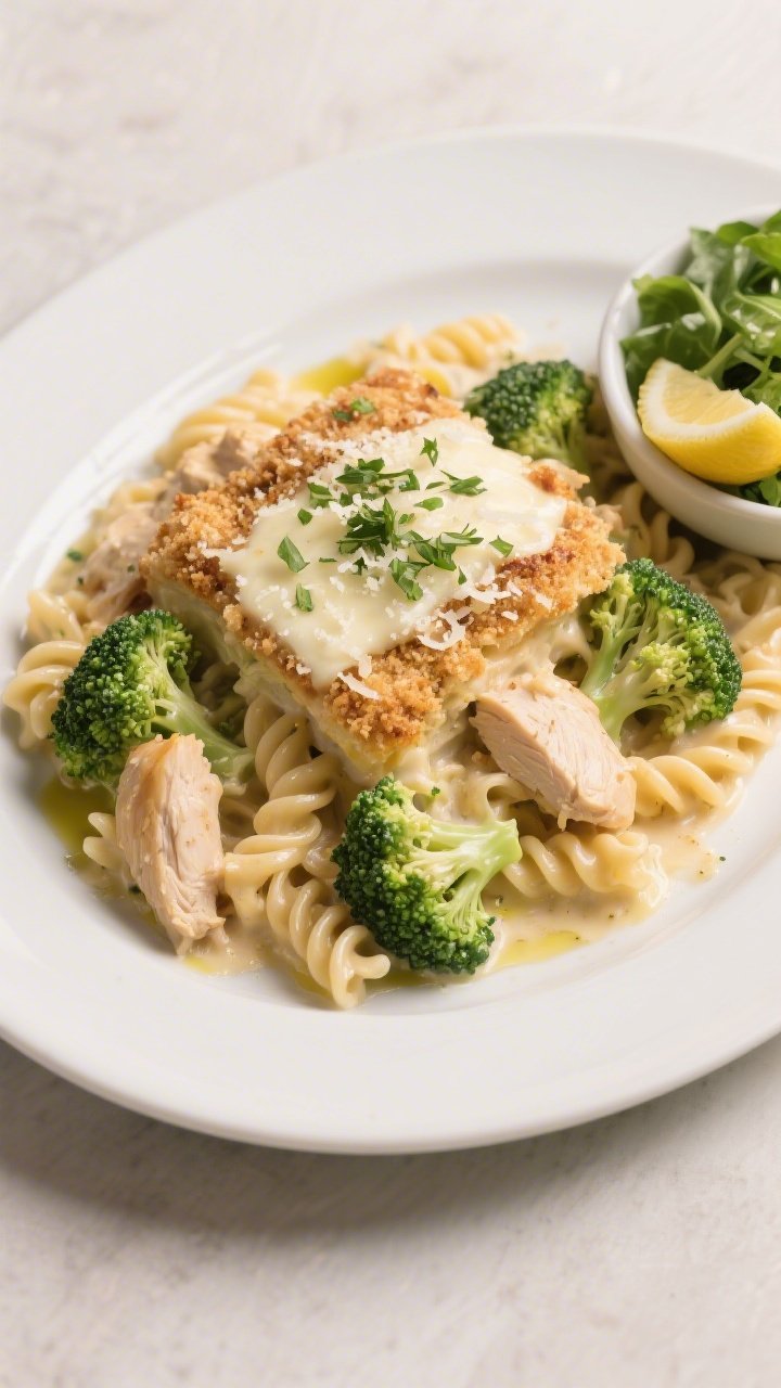 Final plated dish, top view: Restaurant-quality serving of Chicken Broccoli Alfredo Casserole on a w