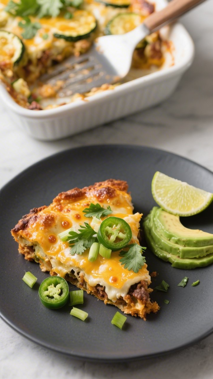 Final plated hero: Beautifully baked Keto Taco Zucchini Casserole slice on a matte charcoal plate, c