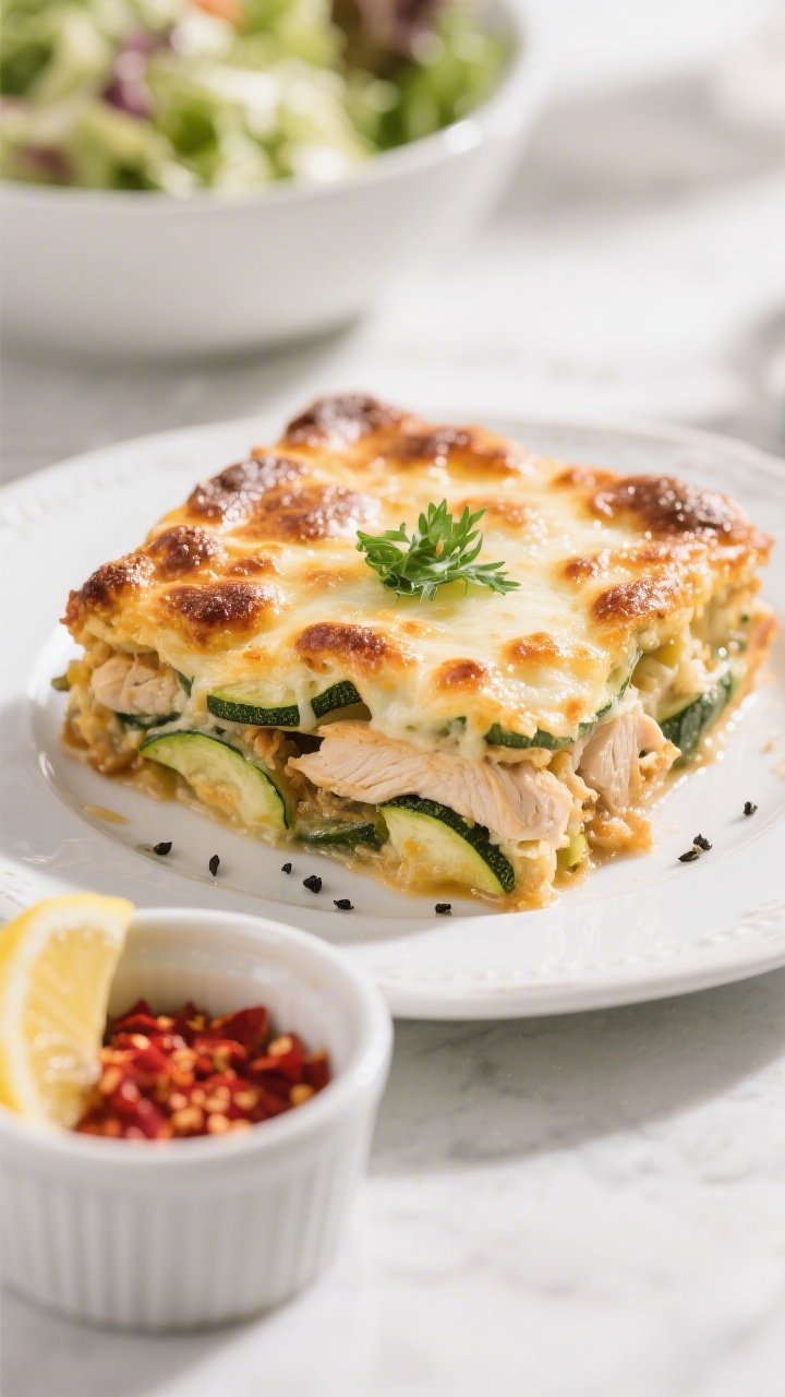 Final plated hero: Beautifully baked Keto Zucchini Chicken Casserole portion on a white ceramic plat