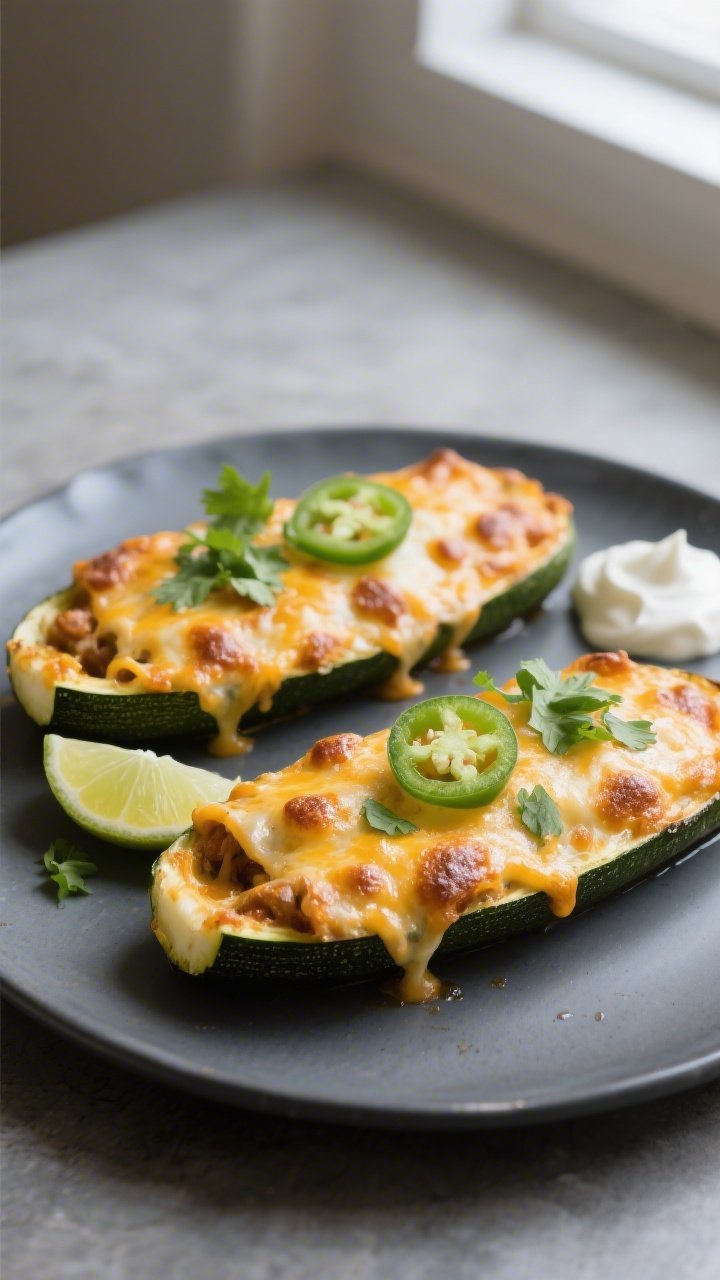 Final plated hero: Beautifully plated Keto Zucchini Enchilada Boats just out of the oven—cheese me