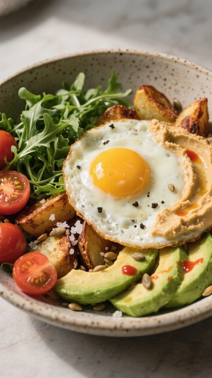 Final plated hero: Beautifully plated Lazy Breakfast Bowl with crispy skillet potatoes as the base, 
