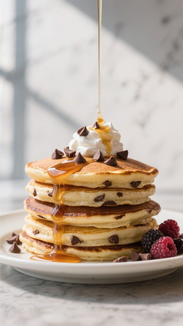 Final plated hero: Cafe-style presentation of a tall stack of chocolate chip pancakes with golden ed