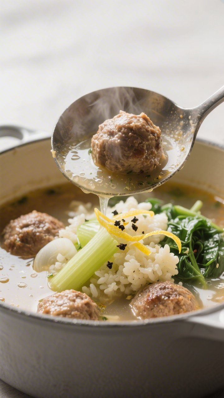 Final plated hero, close-up: Intimate, three-quarter angle of a ladle lifting the finished soup from