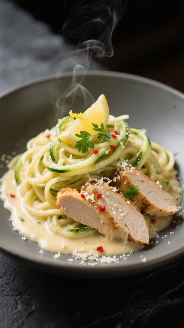 Final plated hero: Restaurant-style presentation of the finished Keto Chicken Alfredo Zoodle Bowl—