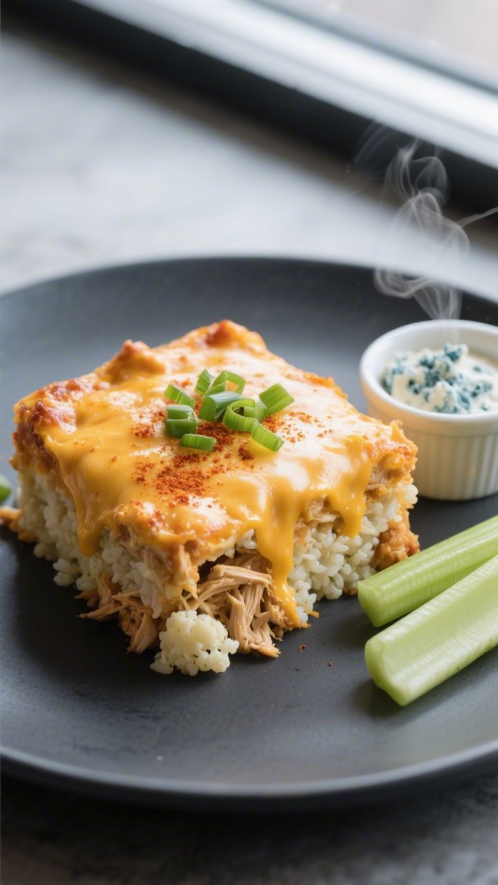 Final plated hero shot: A generous square of creamy, cheesy buffalo chicken casserole on a matte cha