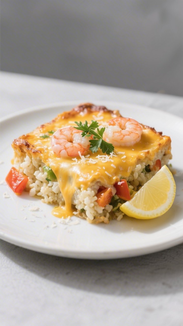 Final plated hero shot: A generous square of the cheesy shrimp casserole served on a matte white pla