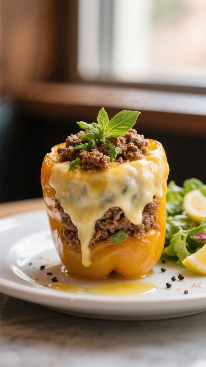Final plated hero shot: A single keto ground beef stuffed pepper served upright on a matte white pla