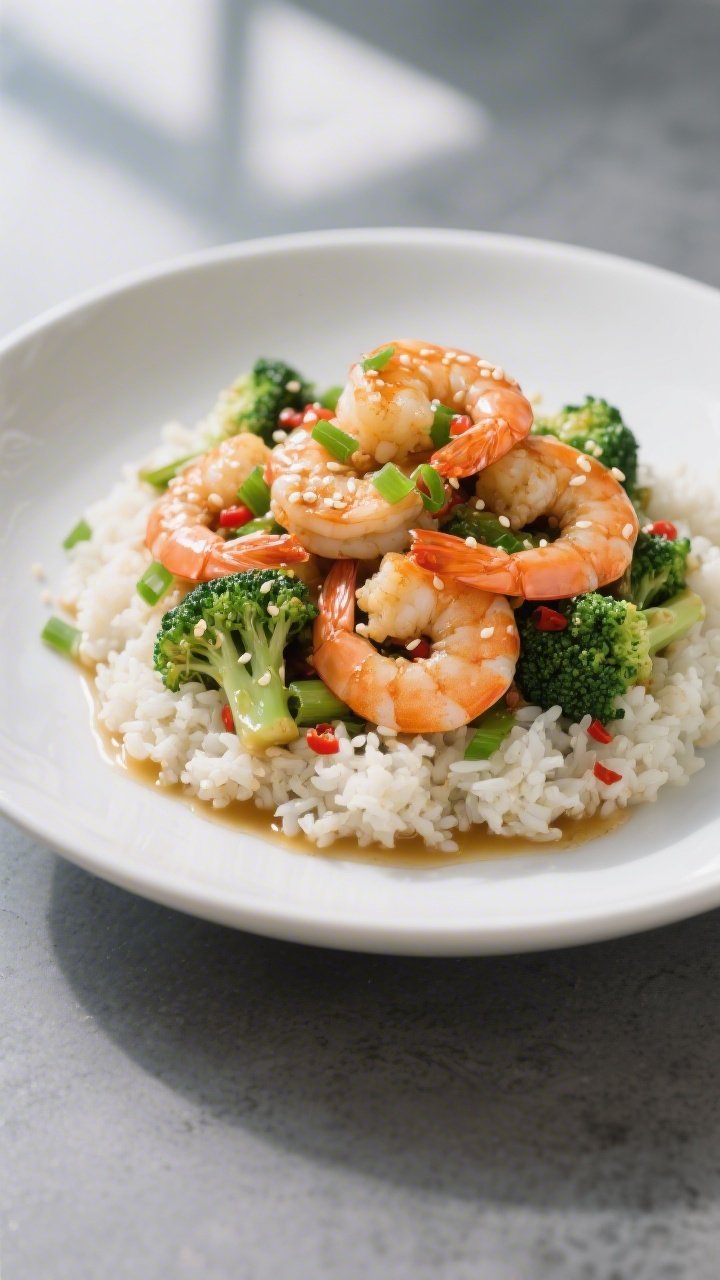 Final plated hero shot: Beautifully plated Keto Shrimp and Broccoli Stir-Fry over fluffy cauliflower