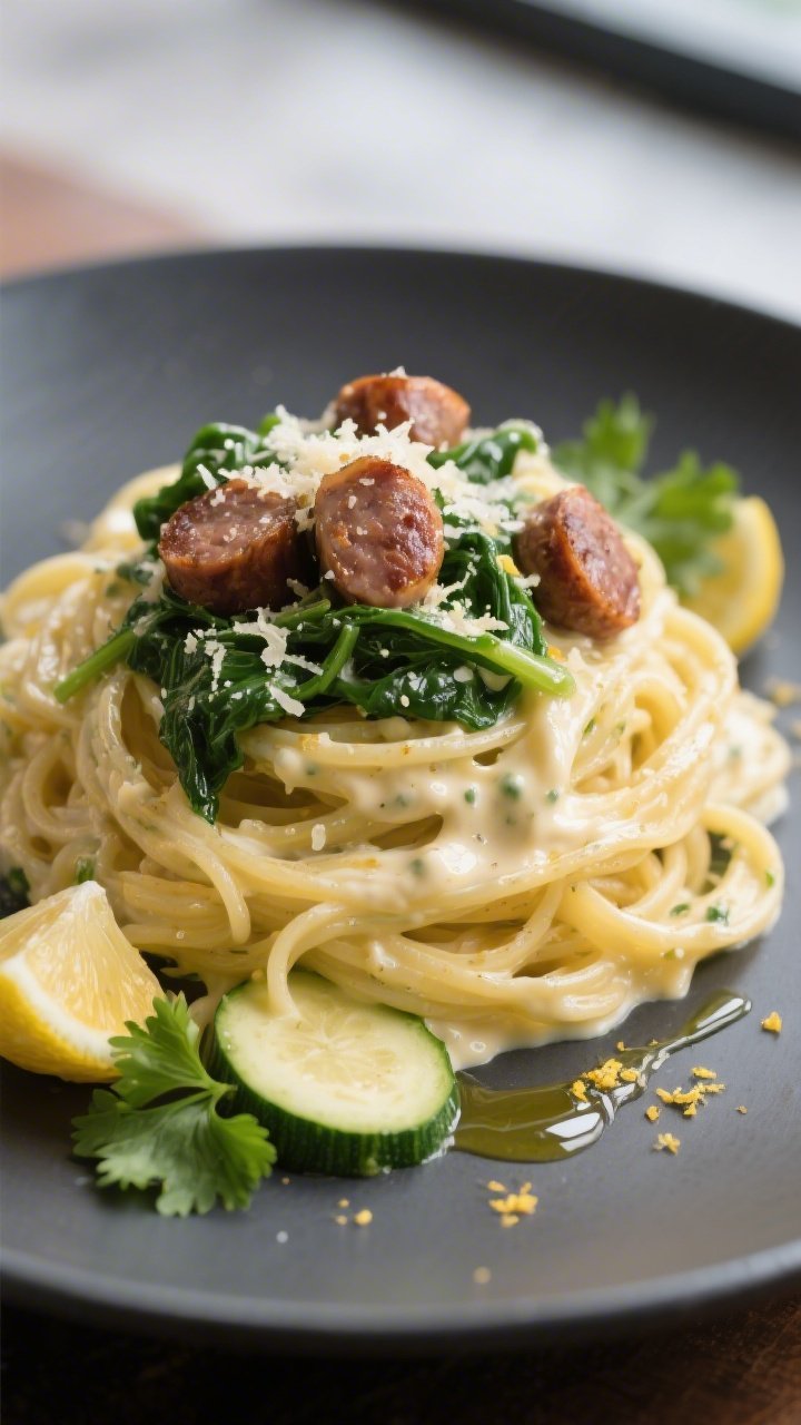 Final plated hero shot, close-up: Twirled mound of spaghetti squash strands drenched in ultra-creamy