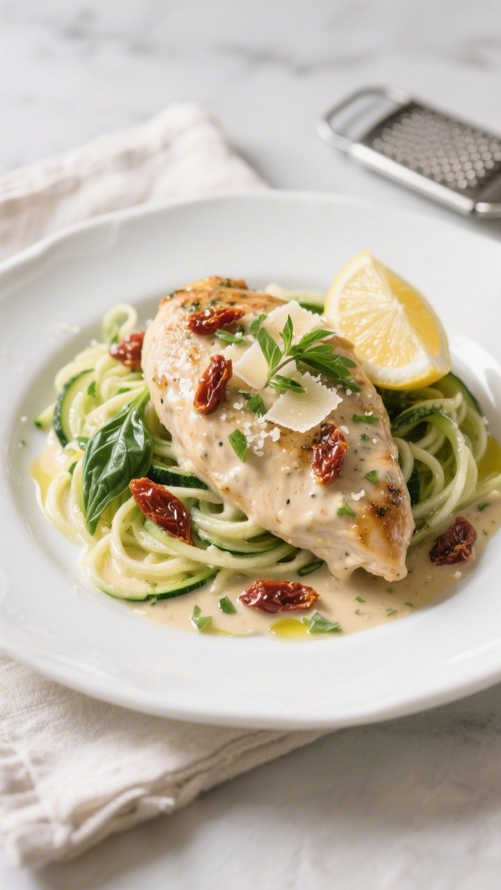 Final plated hero shot: Keto Creamy Tuscan Chicken elegantly arranged on a wide, shallow white plate
