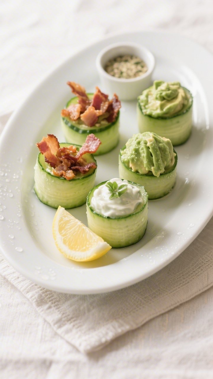 Final plated hero shot: Restaurant-quality platter of cucumber cups on a large white oval plate, alt