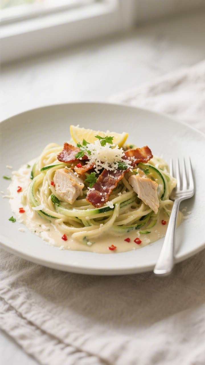 Final plated overhead: Keto Chicken Bacon Alfredo Zoodles twirled into a generous nest on a matte wh
