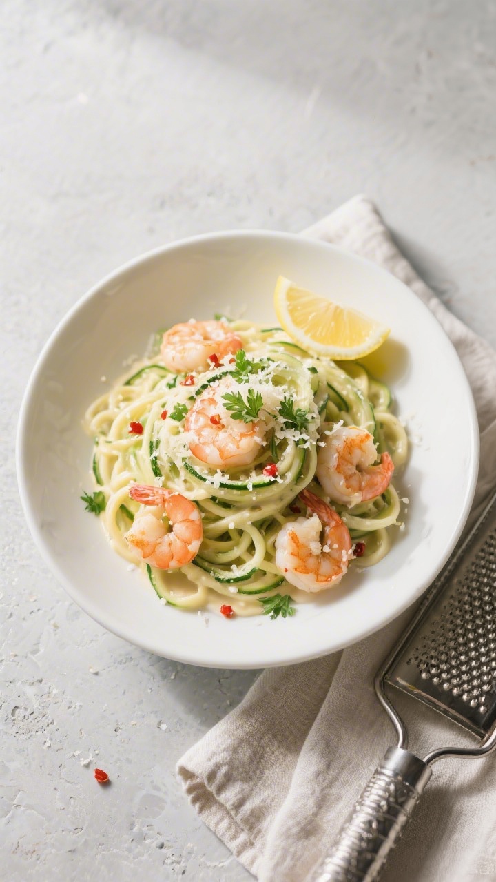 Final plated overhead: Keto Shrimp Alfredo Zoodles twirled high in a wide, shallow white bowl, sauce