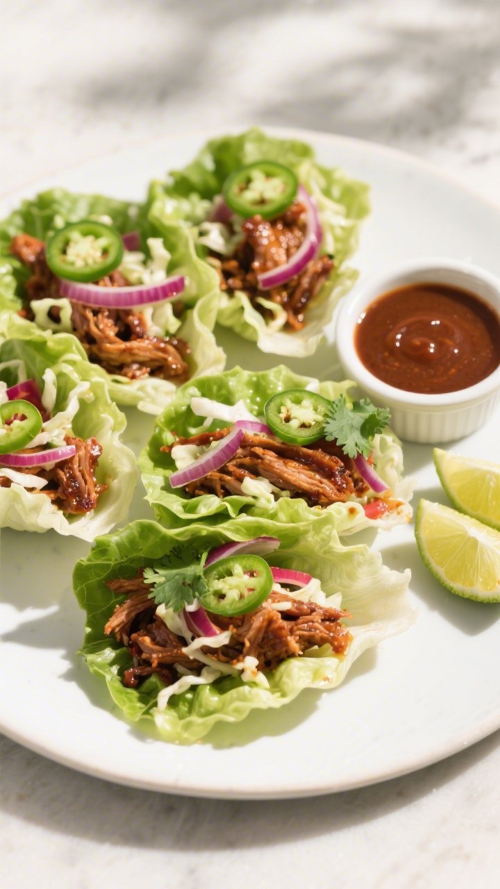 Final plated overhead: Tasty of Keto BBQ Pulled Pork Lettuce Wraps arranged on a matte white platter