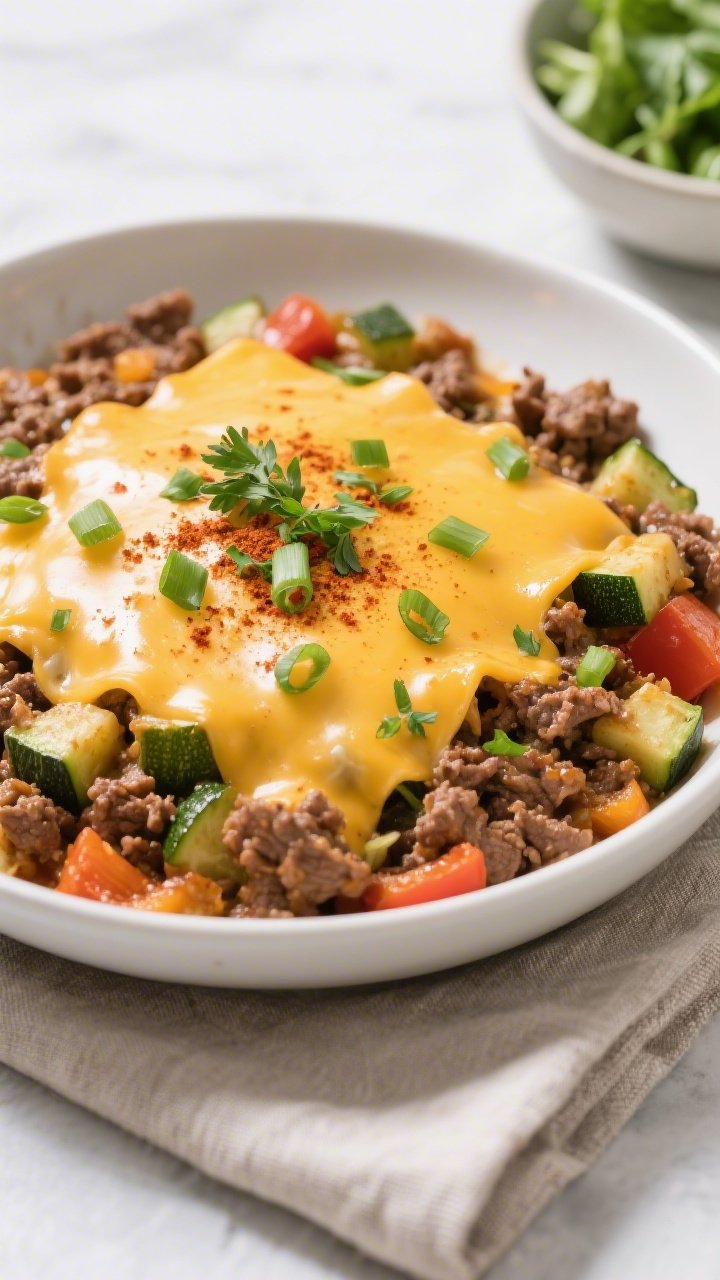 Final plated overhead: Tidy top-down shot of a generous serving of Cheesy Keto Ground Beef Skillet i