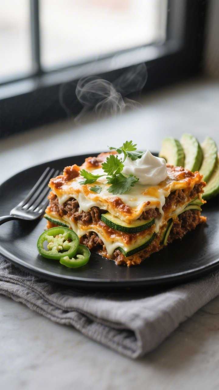 Final plated presentation: A clean slice of keto enchilada zucchini casserole served on a matte blac