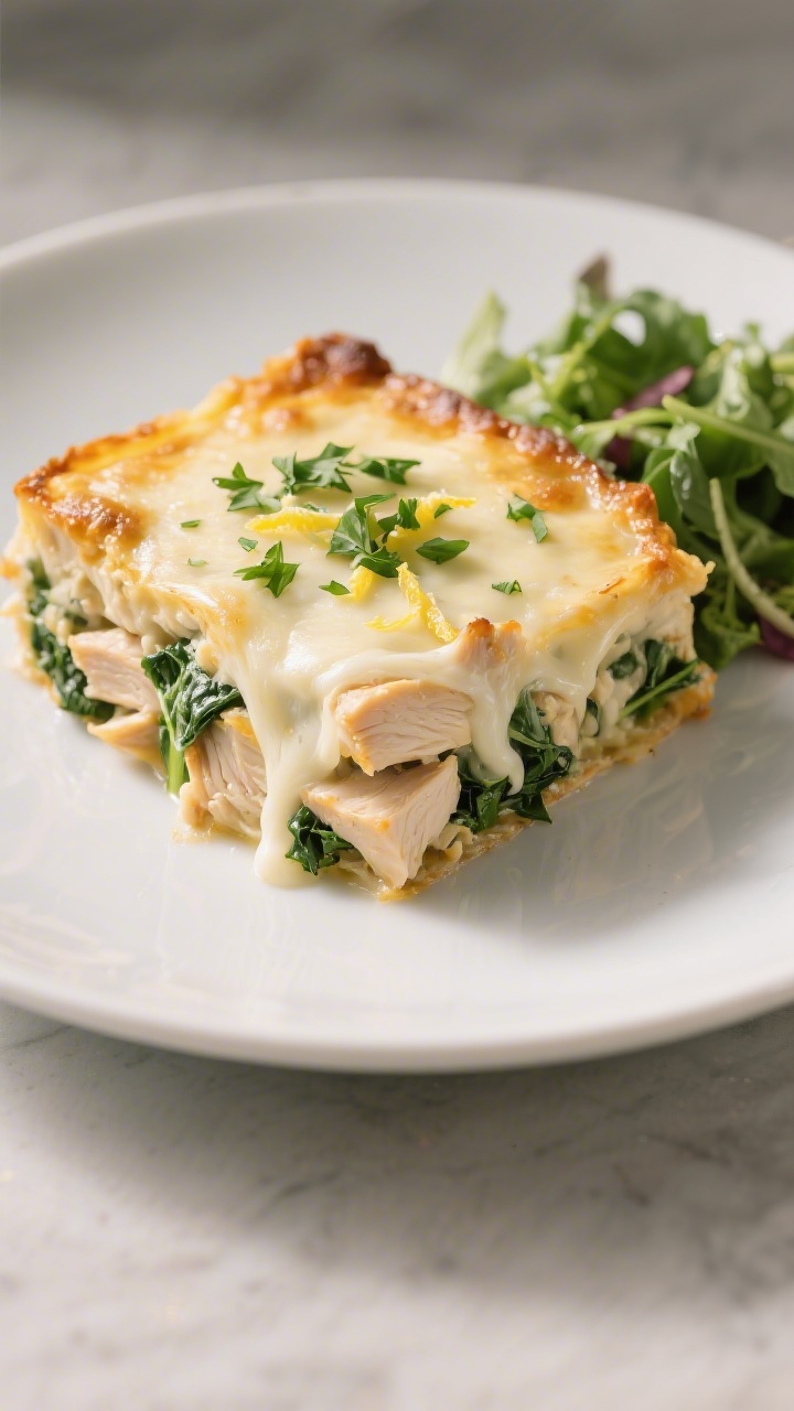 Final plated presentation: A generous square of the casserole neatly plated on a matte white dinner 