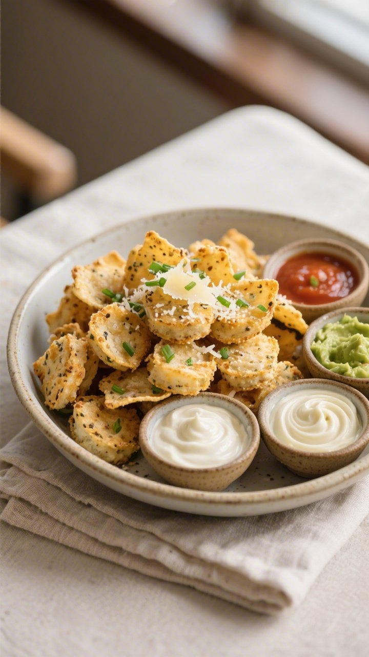 Final plated presentation: a low, wide ceramic bowl piled high with Keto Crunchy Cheese Chip Snack B