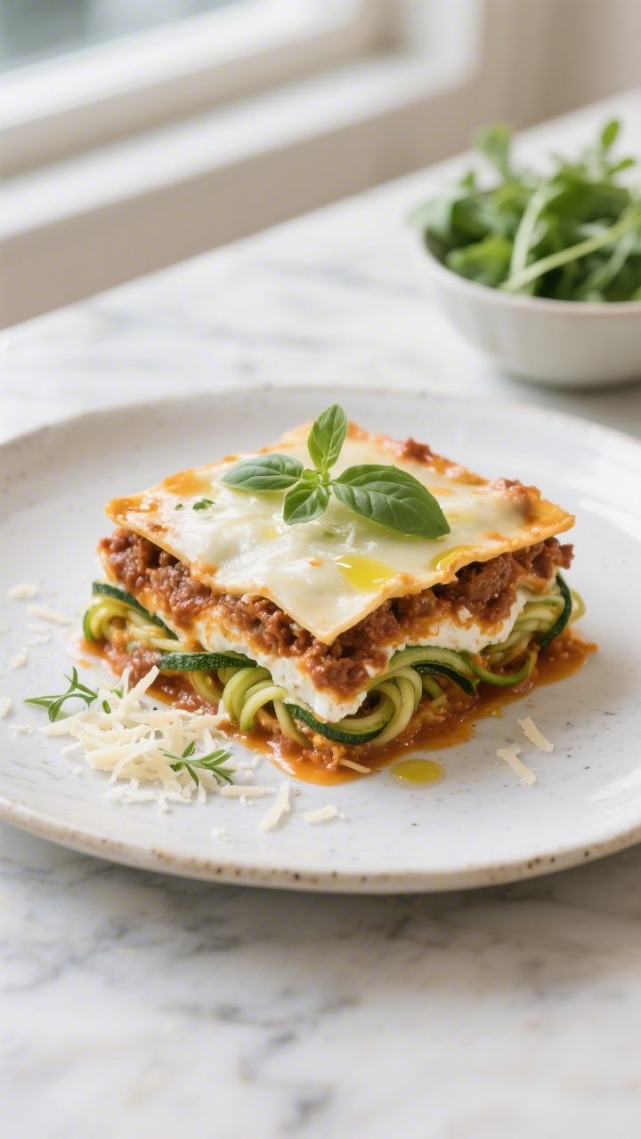 Final plated presentation: A neat square slice of Keto Zoodle Lasagna on a white stoneware plate, di