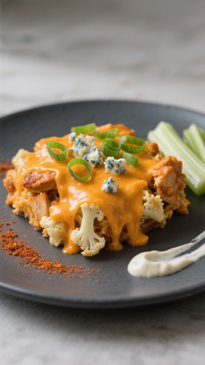 Final plated presentation, : A neatly scooped portion of keto buffalo chicken cauliflower casserole