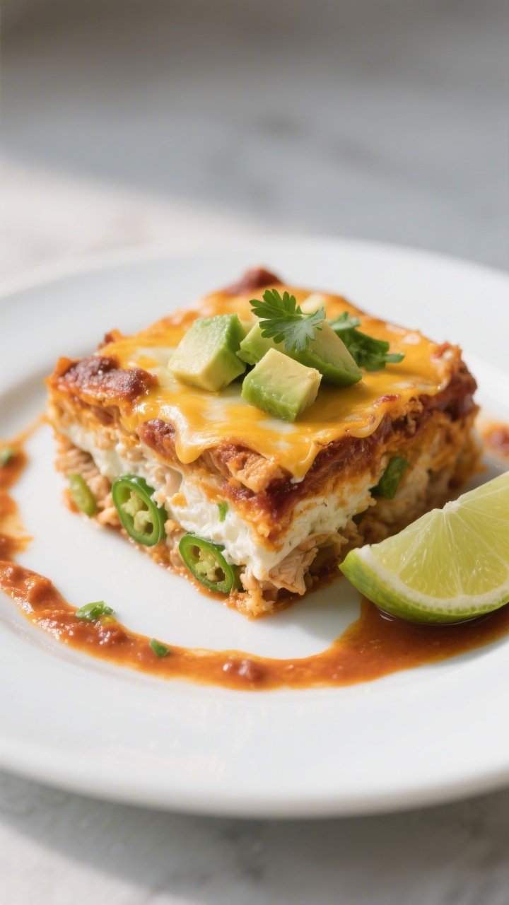 Final plated presentation: A neatly sliced square of Keto Chicken Enchilada Casserole on a matte whi