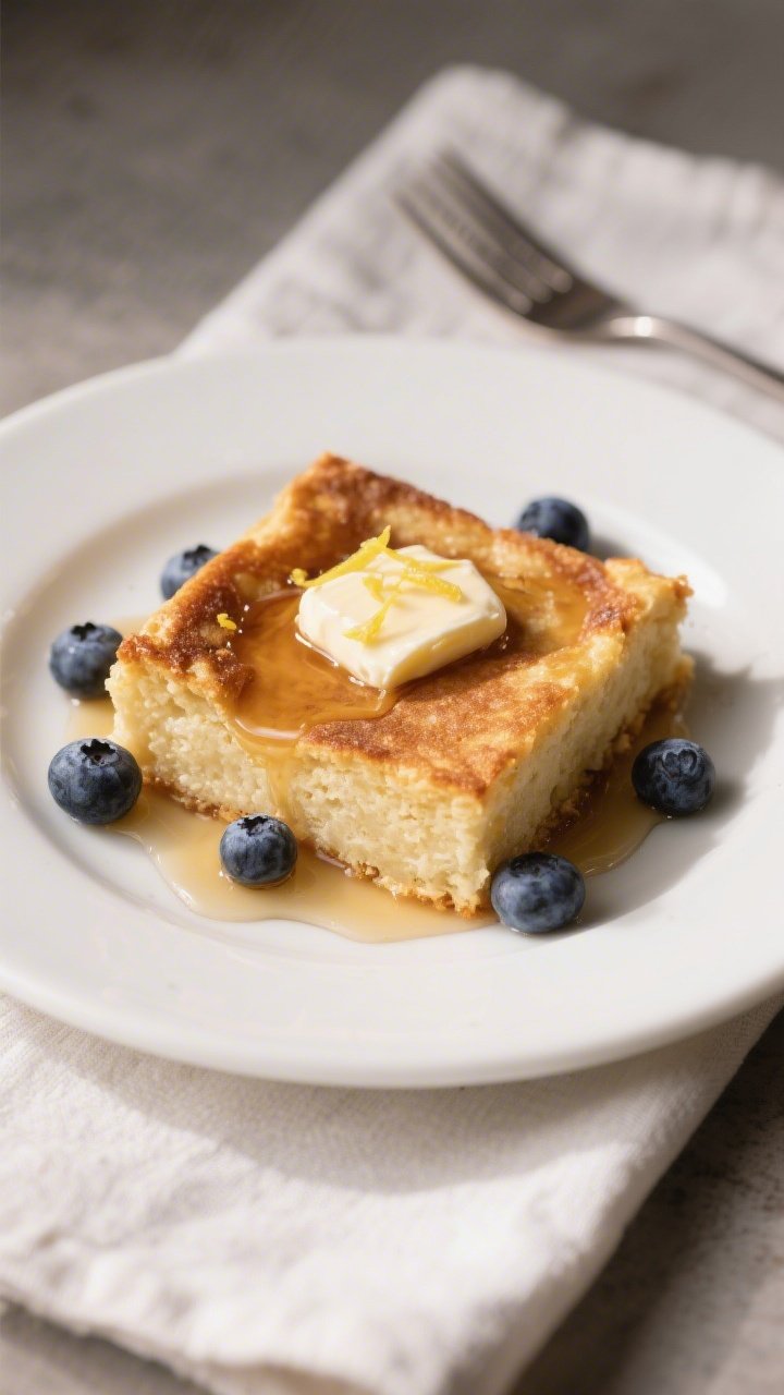 Final plated presentation: A single generous square of Blueberry Pancake Bake on a matte white plate
