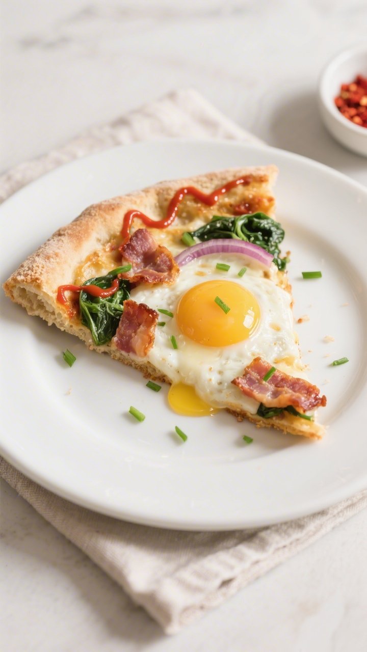 Final plated presentation: A single wedge of Keto Breakfast Pizza on a matte white plate, runny yolk