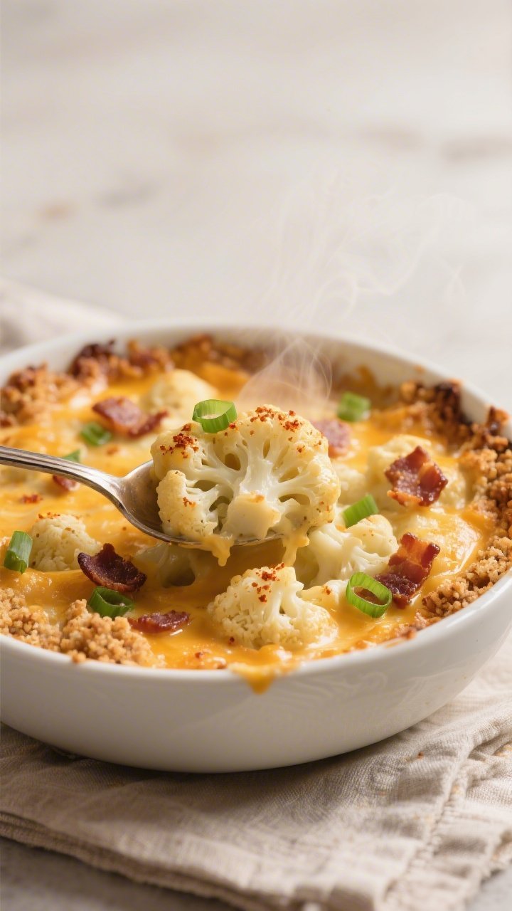 Final plated presentation: Beautifully baked Cheddar Bacon Cauliflower Casserole served in a shallow