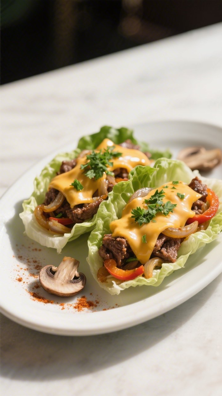 Final plated presentation: Beautifully plated Keto Philly Cheesesteak served in crisp romaine lettuc