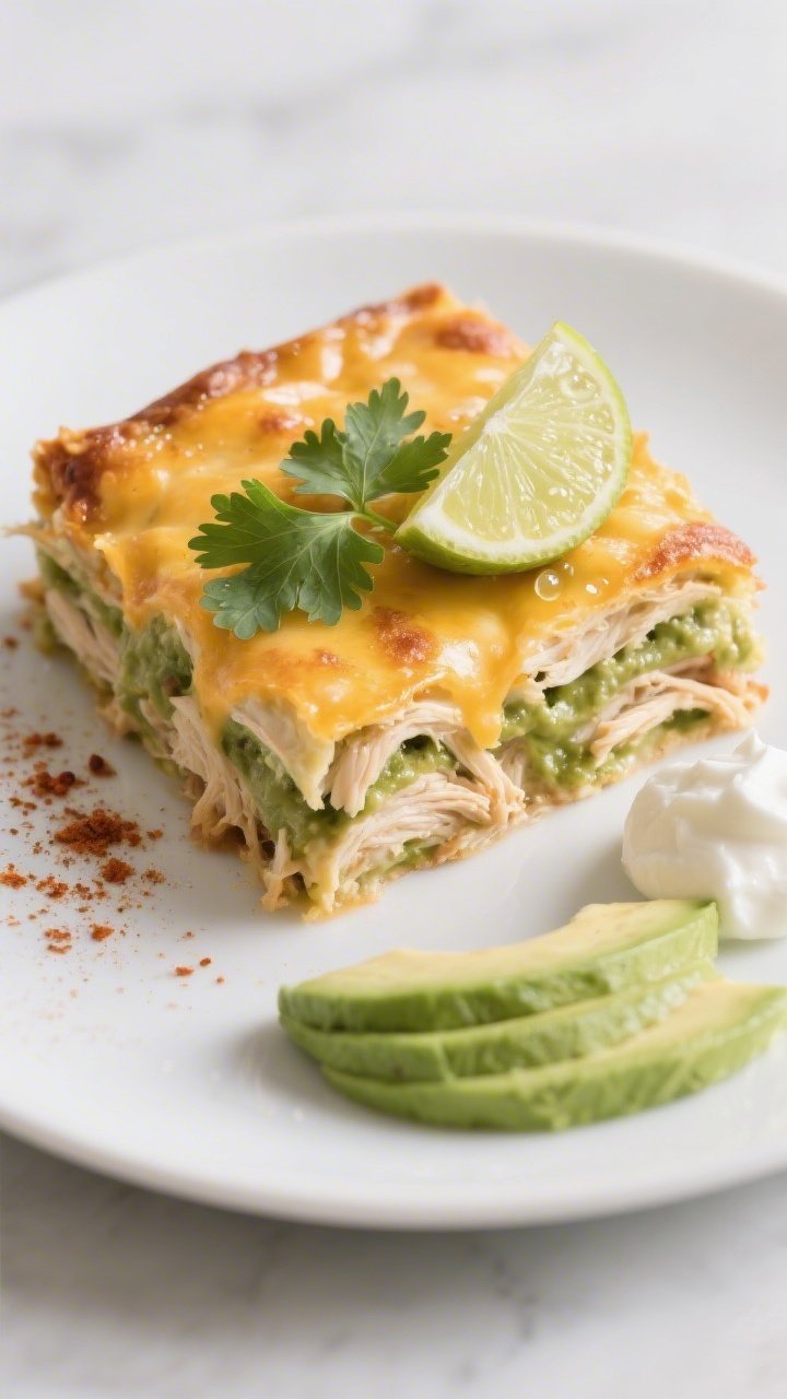 Final plated presentation, : Beautifully plated square of Keto Cheesy Chicken Enchilada Bake on a ma