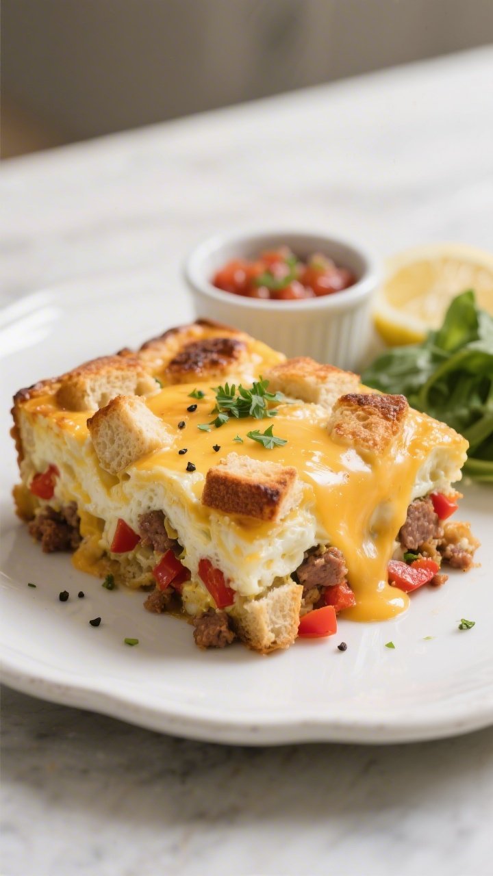 Final plated presentation, close-up detail: A thick square of the casserole on a white ceramic plate