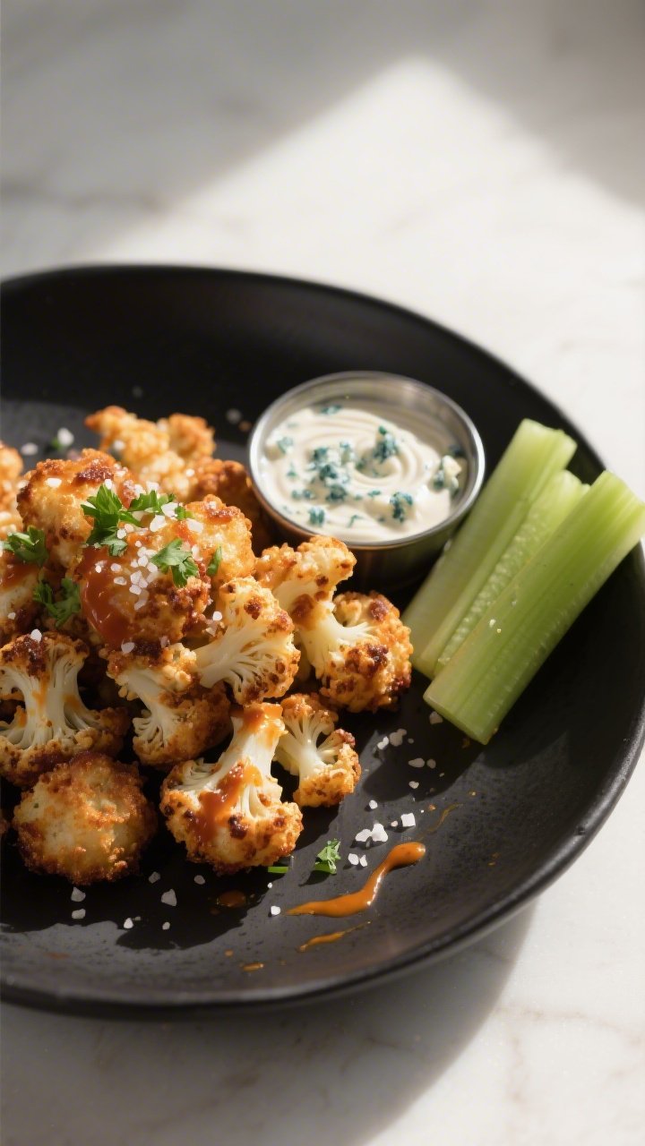 Final plated presentation of Keto Buffalo Cauliflower Crunch Bites: heaped on a matte black shallow 