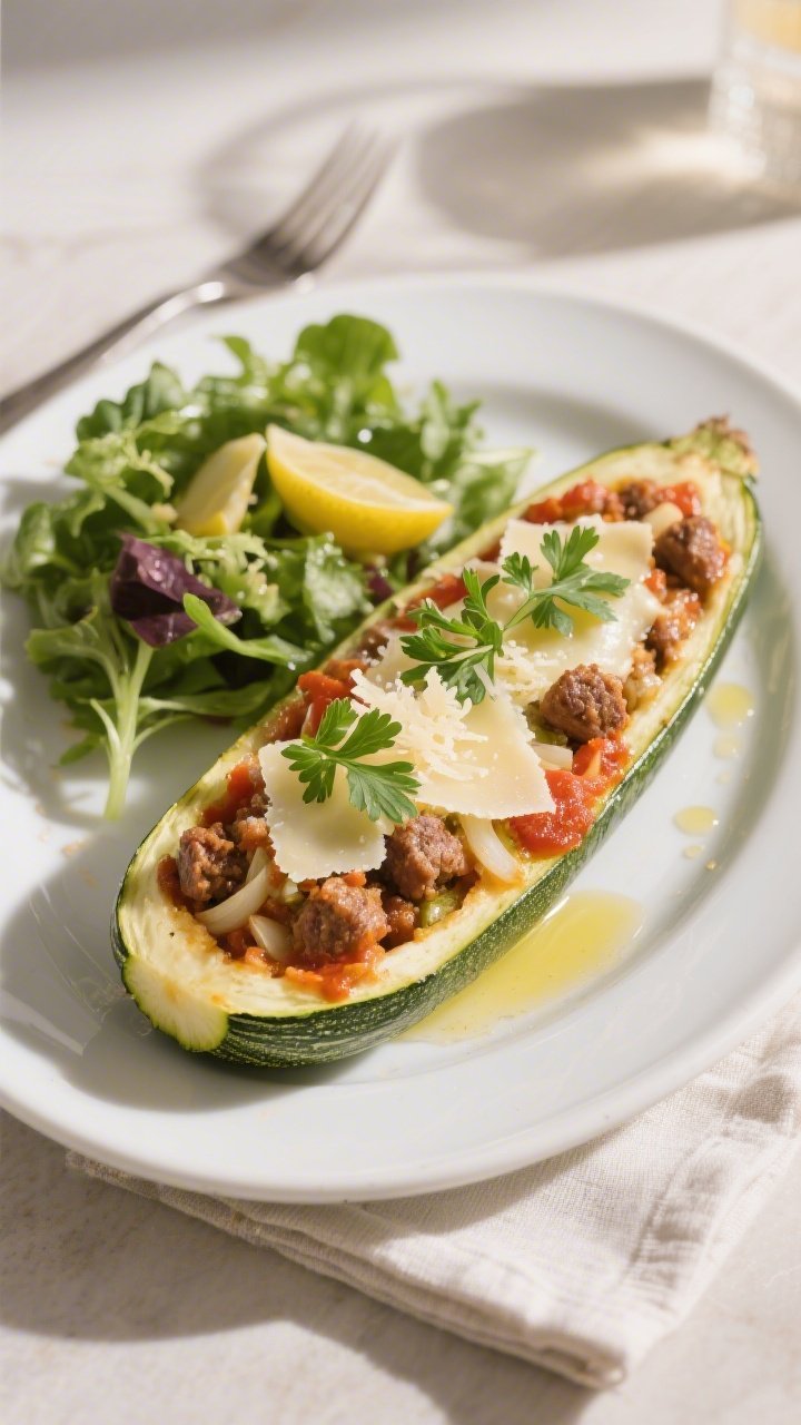 Final plated presentation: One generously filled zucchini boat on a white ceramic oval plate, garnis