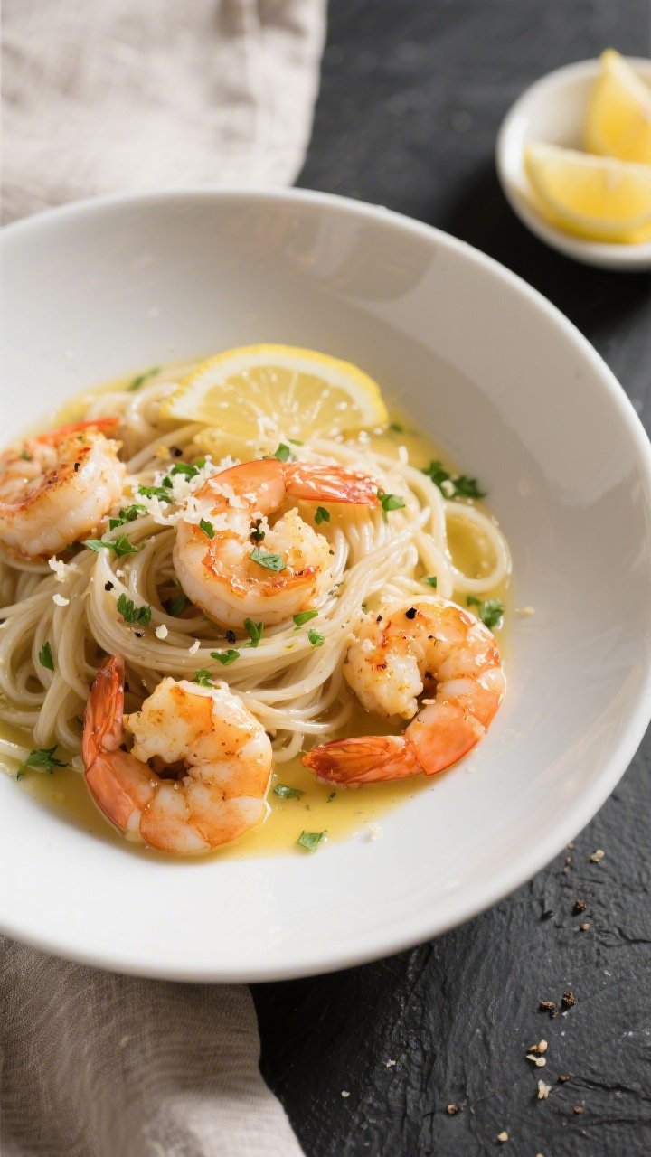 Final plated presentation: Restaurant-quality bowl of Keto Shrimp Scampi with Shirataki Noodles, ele