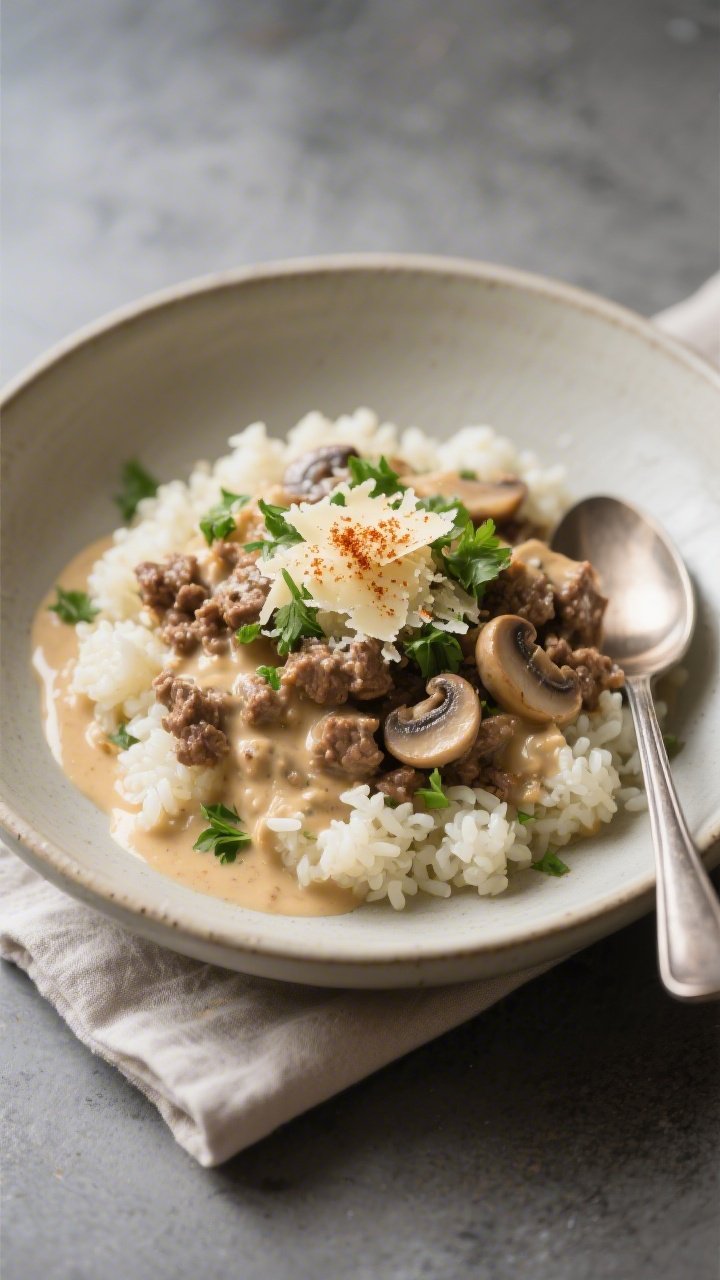 Final plated presentation: Restaurant-quality bowl of the creamy ground beef and mushroom skillet sp