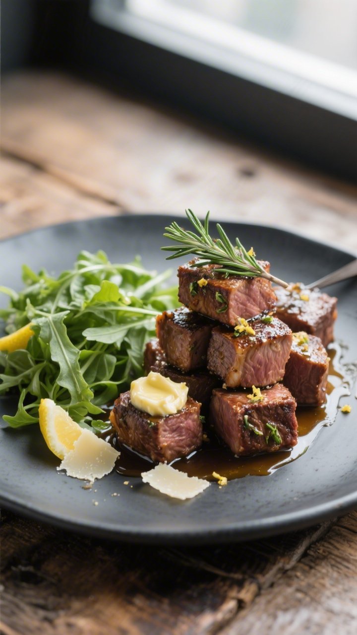 Final plated presentation: Restaurant-quality plate of keto garlic butter steak bites alongside a si