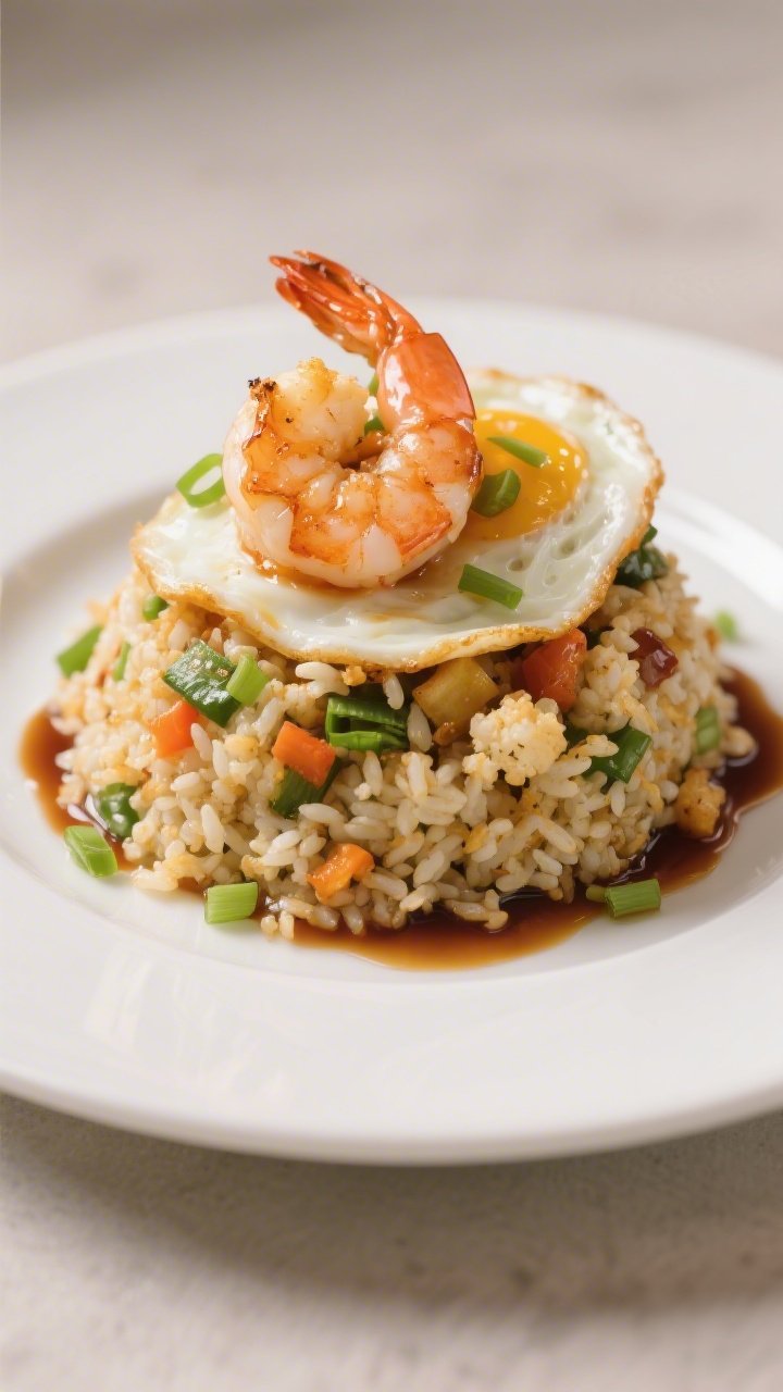 Final plated presentation: Restaurant-quality plate of shrimp fried cauliflower rice mounded neatly 