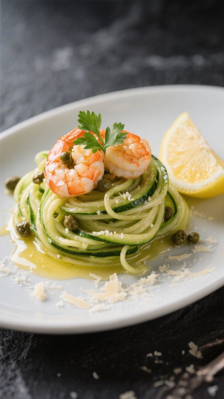 Final plated presentation: Restaurant-quality plate of zucchini “noodles” twirled into a neat ne