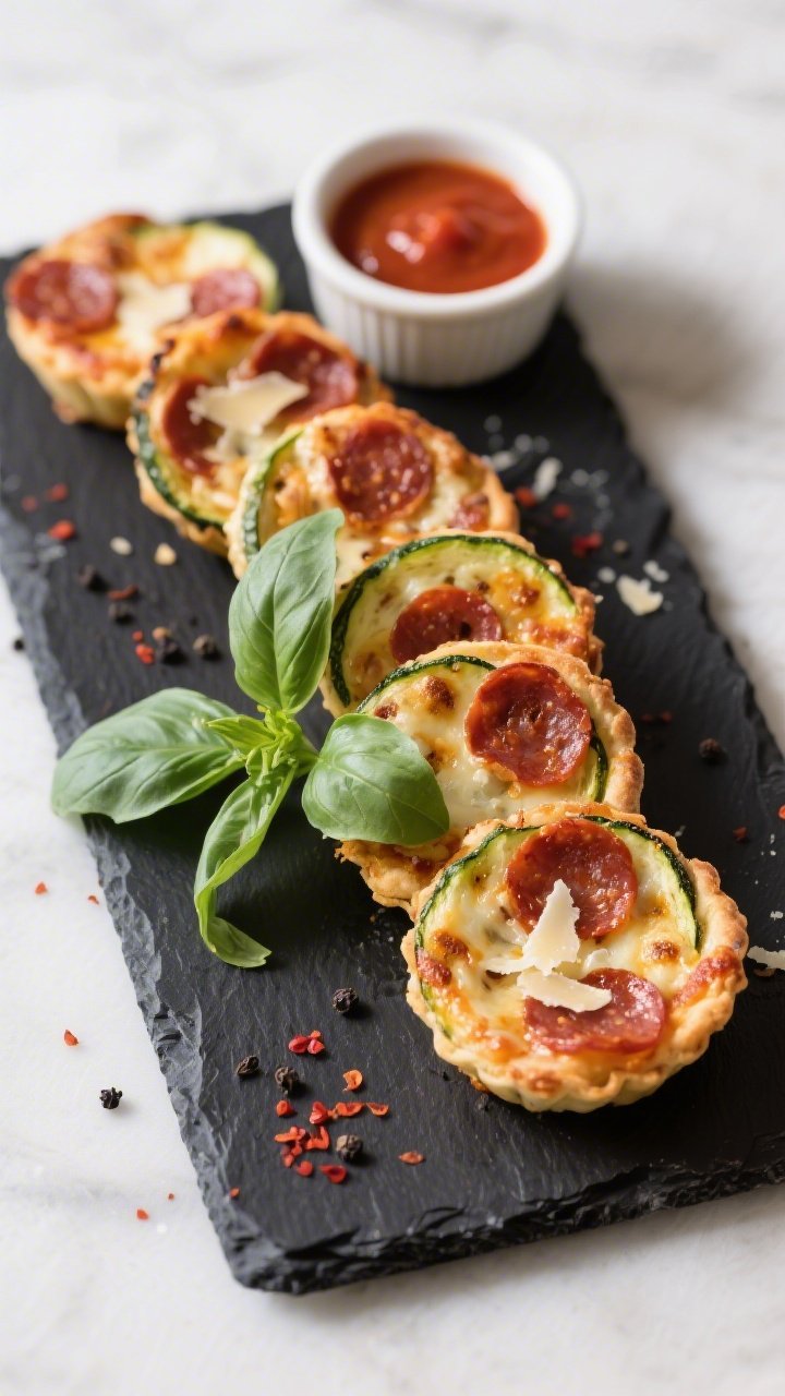 Final plated presentation: Restaurant-quality platter of keto zucchini pepperoni pizza cups stacked 