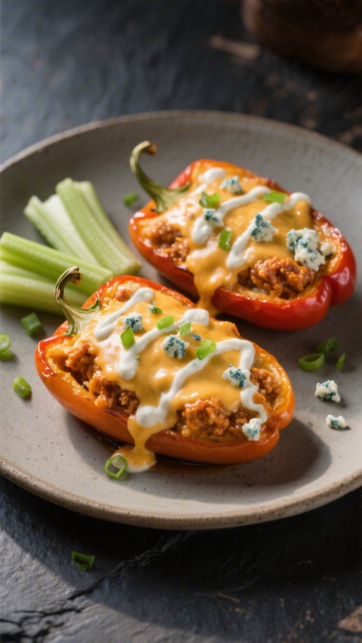 Final plated presentation: Restaurant-quality plate with two buffalo chicken stuffed pepper halves a