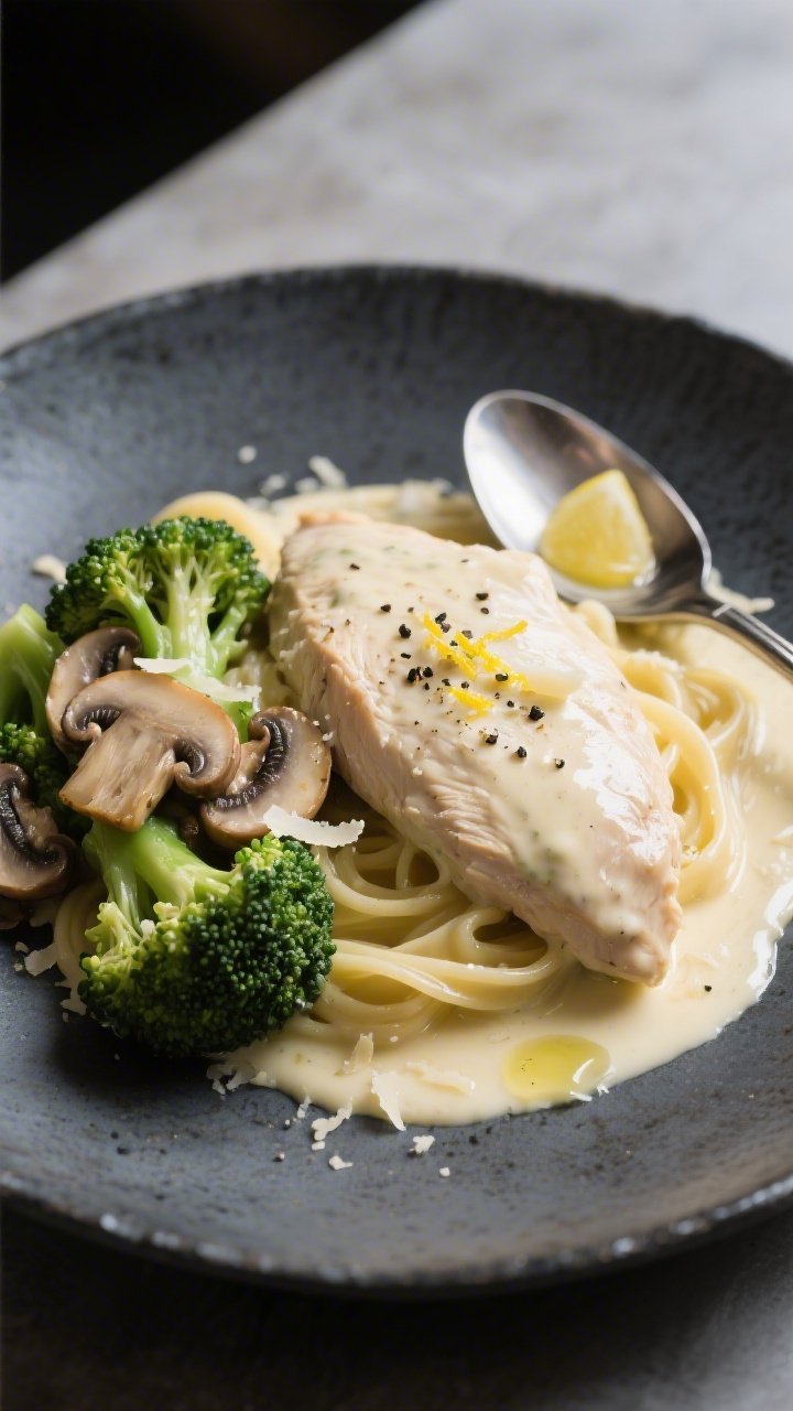 Final plated presentation: Restaurant-quality plate of Chicken Alfredo with sautéed mushrooms and c