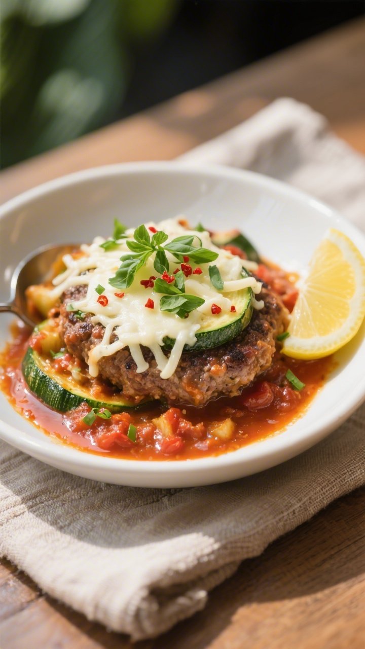 Final plated presentation: Restaurant-quality serving of Keto One-Pan Hamburger Zucchini Skillet spo