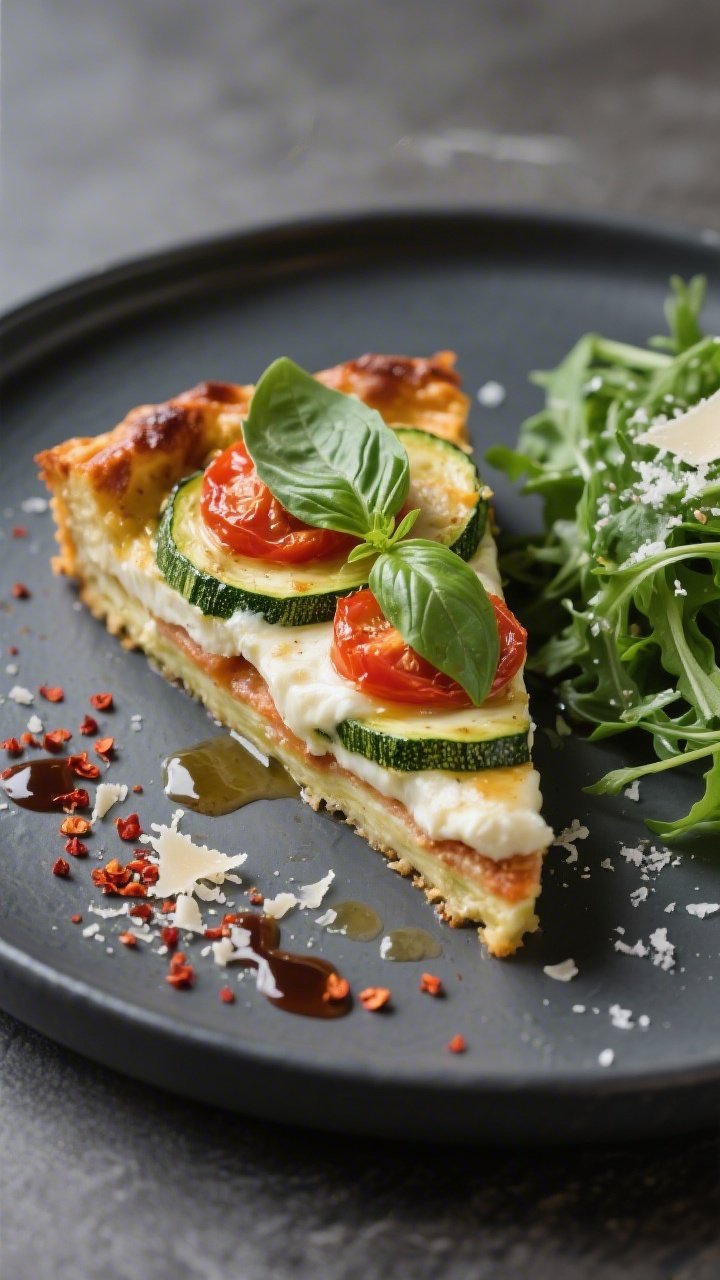 Final plated presentation: Restaurant-quality slice of Keto Zucchini Caprese Bake served on a matte 