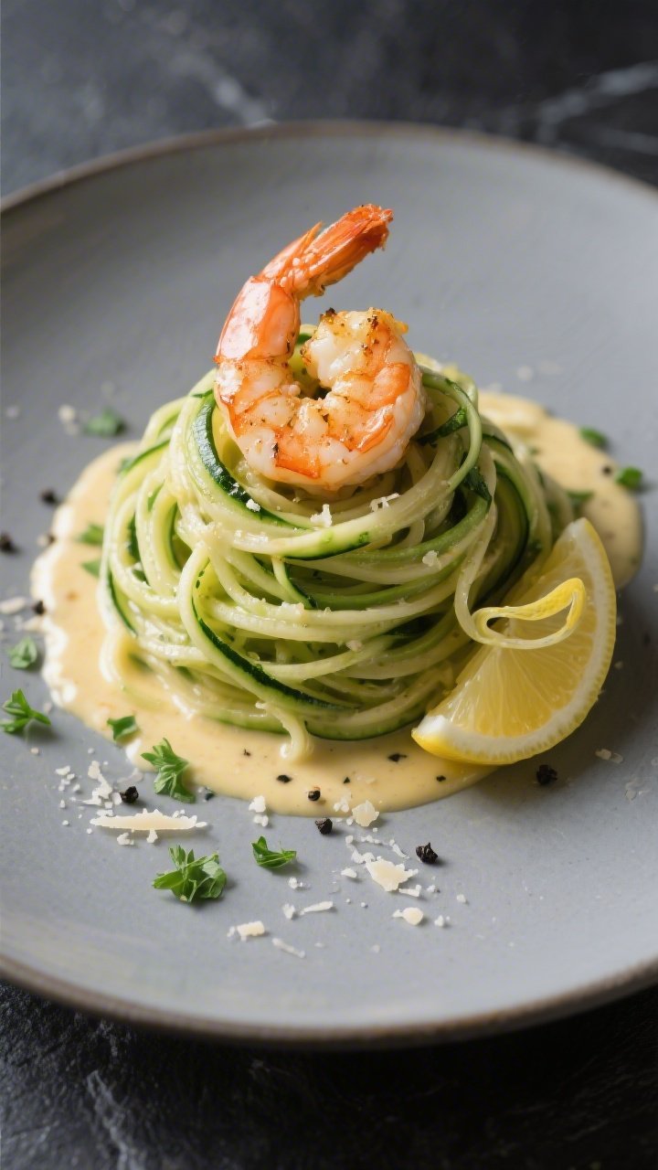 Final plated presentation: Restaurant-style plate of zucchini noodle shrimp pasta twirled into a nea