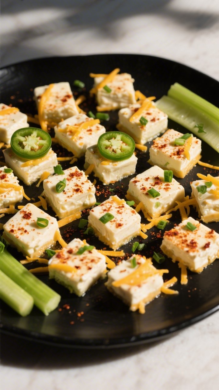 Final plated presentation: several bite-size pieces (20–25) arranged on a matte black platter, ser