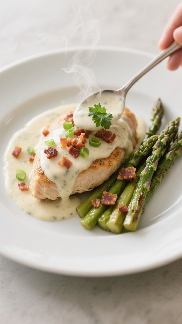 Final plated presentation: Single chicken breast portion plated on a matte white dinner plate with a