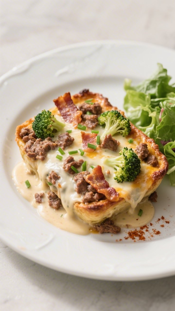 Final plated presentation: Single generous portion of the Keto Ground Beef Bacon Ranch Bake on a whi